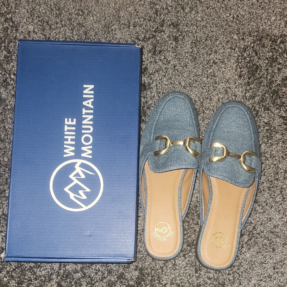 White Mountain Blue and Gold Mules with Chic Horsebit Accent